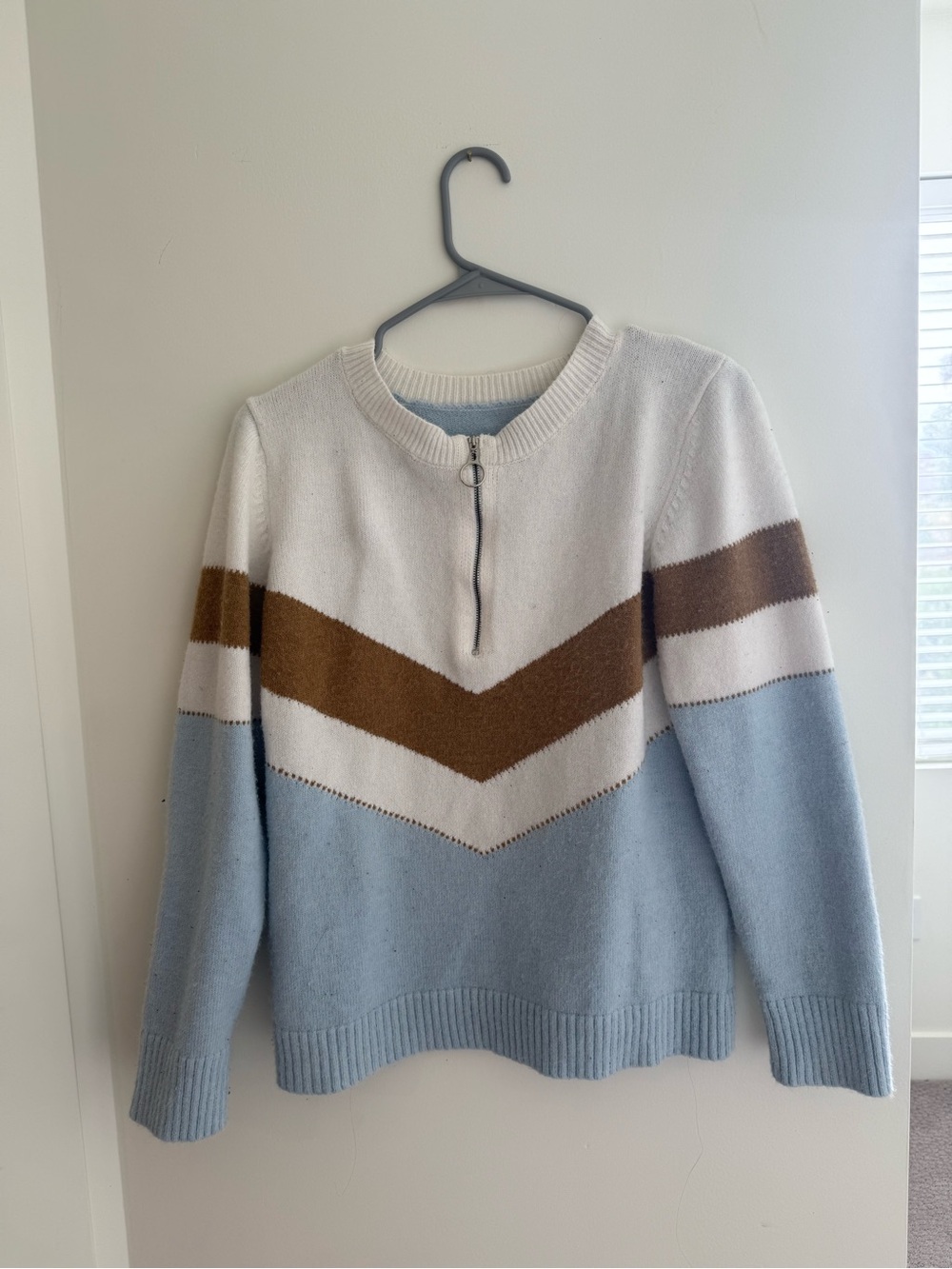 Light Blue and White Chevron Half-Zip Sweater